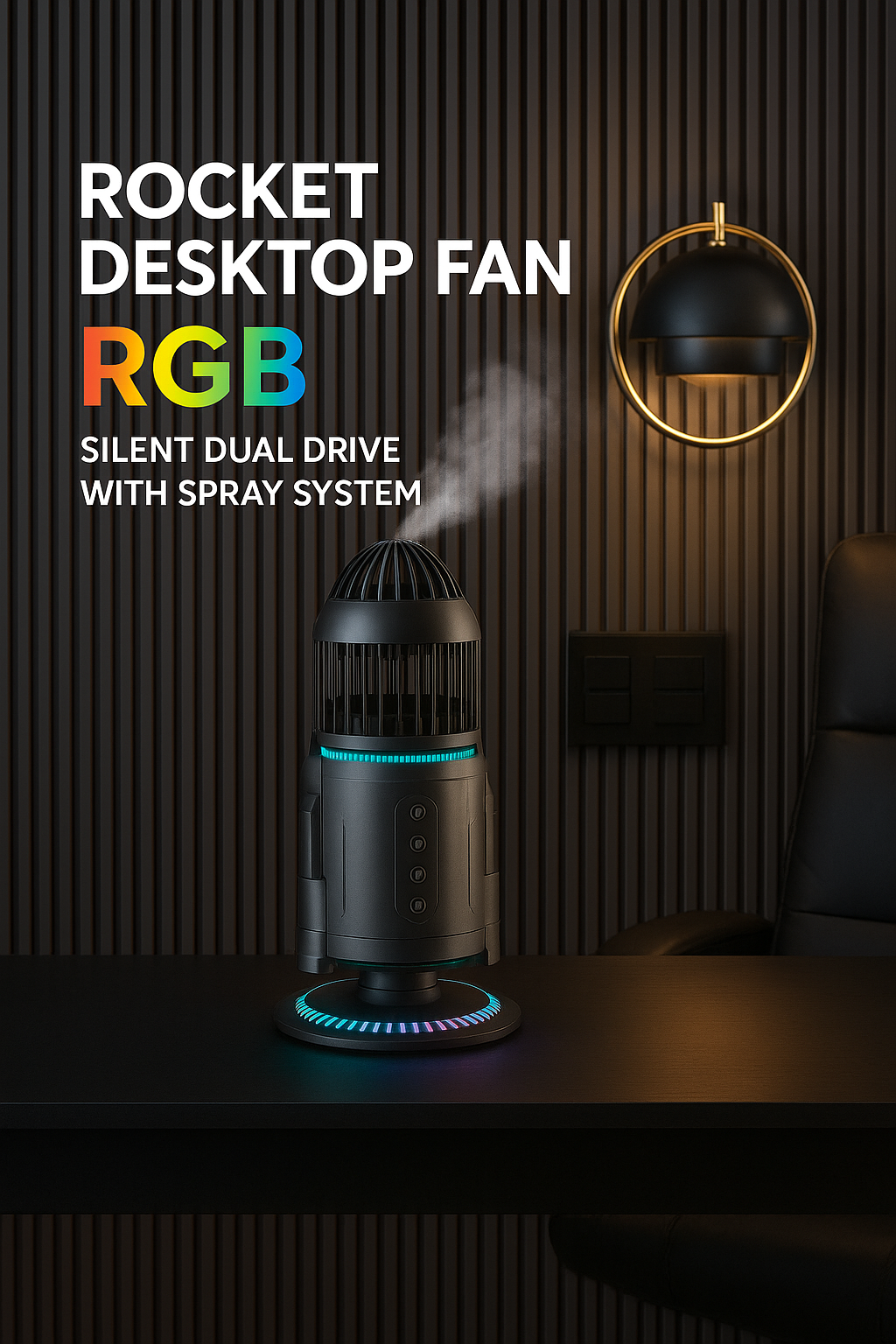 RocketMist Pro- Rocket-Style Desktop Fan with Dual mist spray, whisper-quiet operation, and customizable RGB glow
