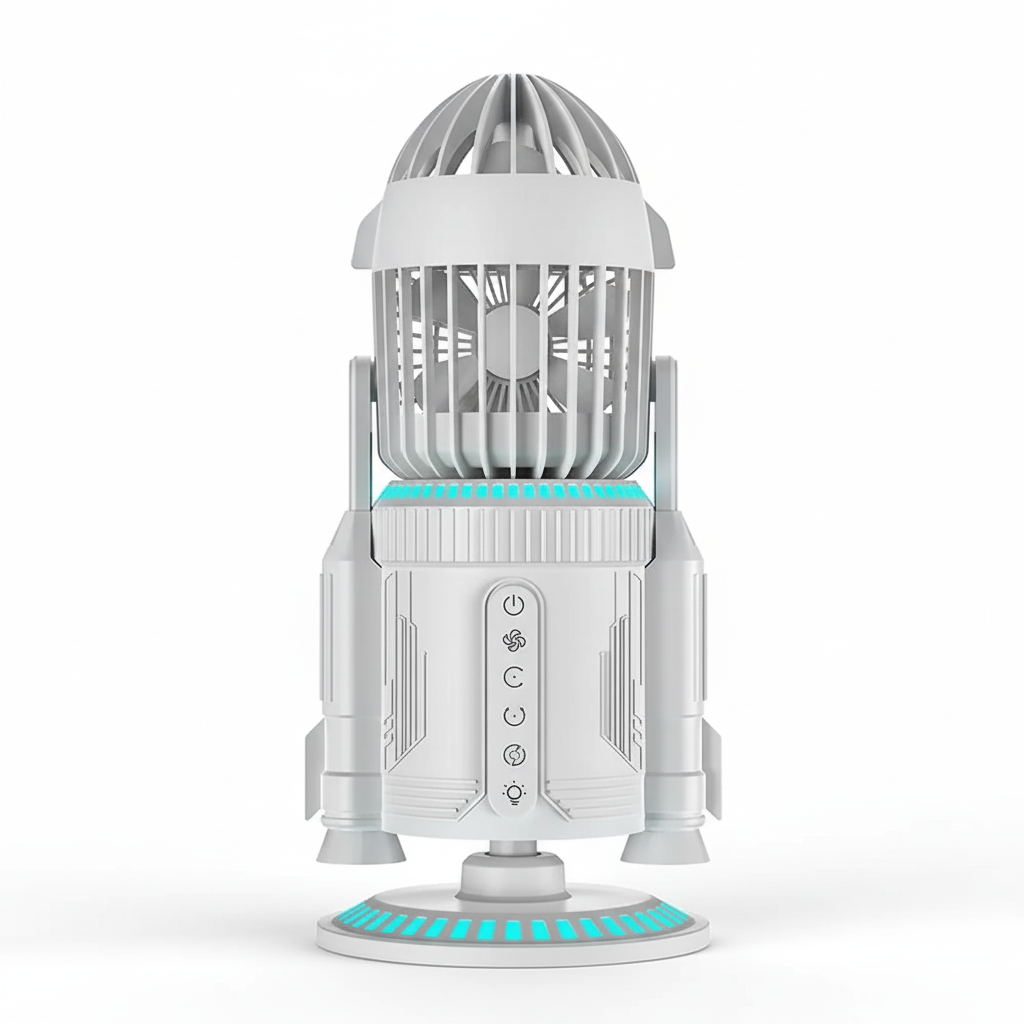 RocketMist Pro- Rocket-Style Desktop Fan with Dual mist spray, whisper-quiet operation, and customizable RGB glow