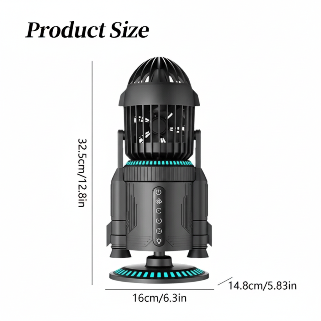 RocketMist Pro- Rocket-Style Desktop Fan with Dual mist spray, whisper-quiet operation, and customizable RGB glow