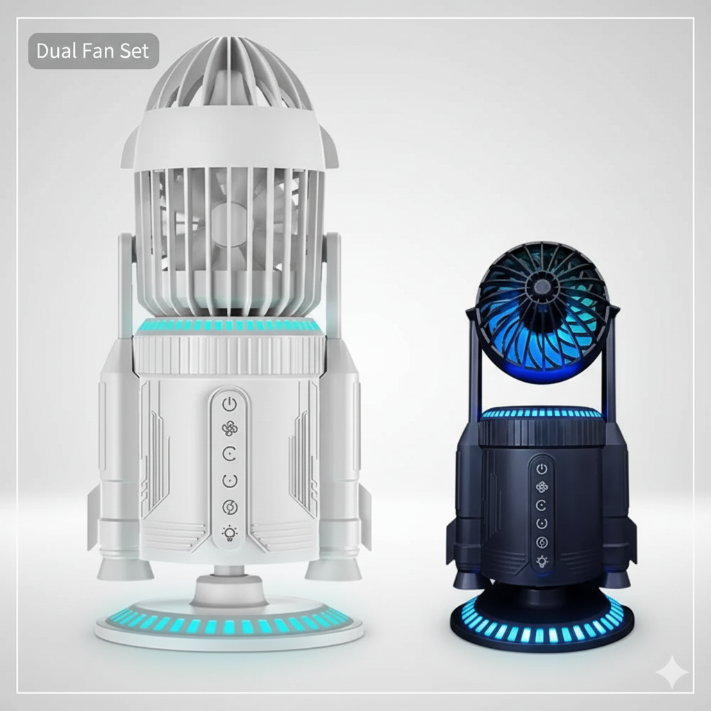 RocketMist Pro- Rocket-Style Desktop Fan with Dual mist spray, whisper-quiet operation, and customizable RGB glow