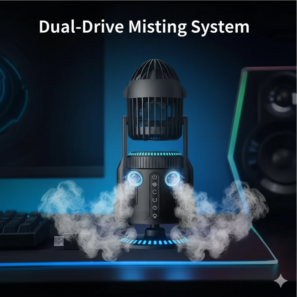 RocketMist Pro- Rocket-Style Desktop Fan with Dual mist spray, whisper-quiet operation, and customizable RGB glow