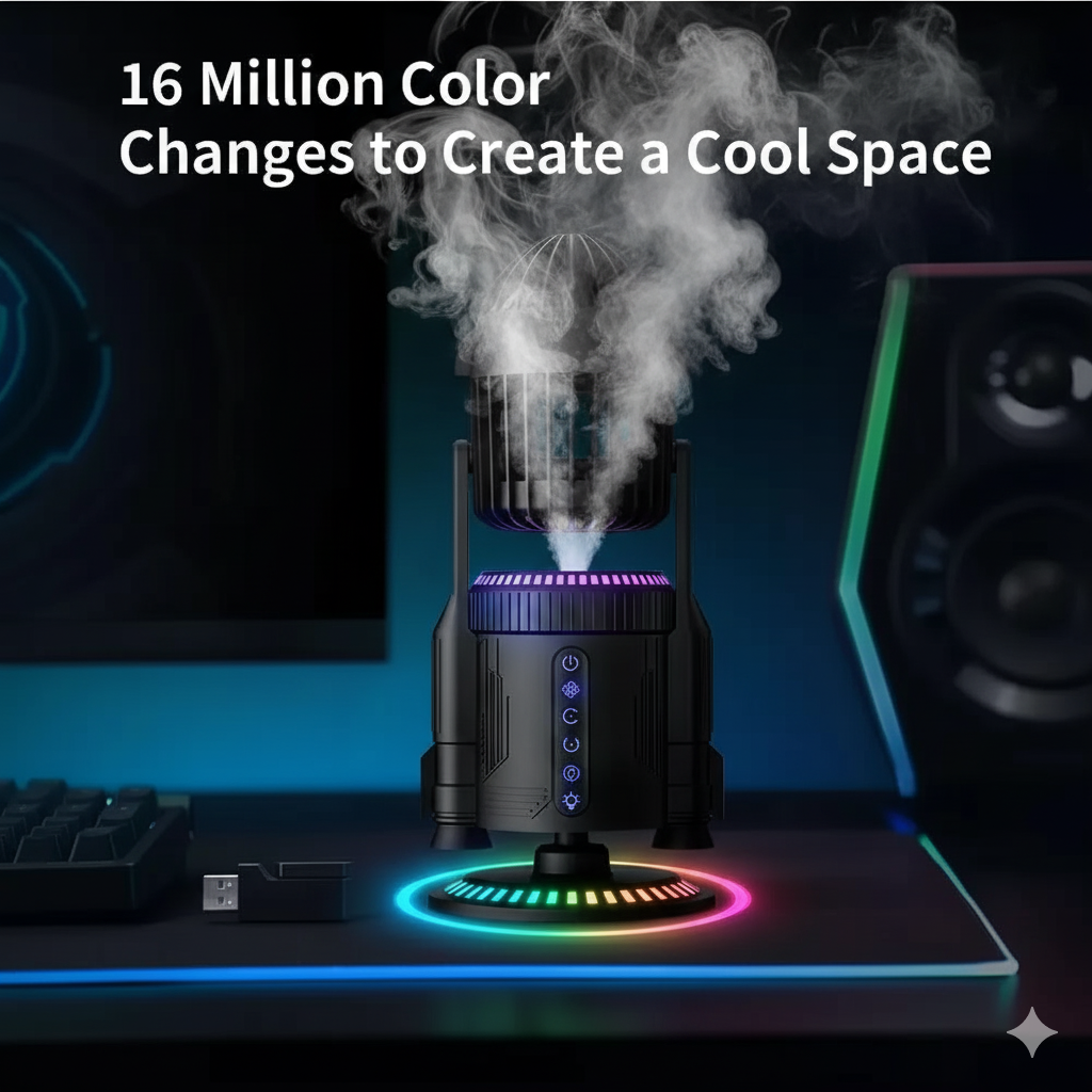 RocketMist Pro- Rocket-Style Desktop Fan with Dual mist spray, whisper-quiet operation, and customizable RGB glow